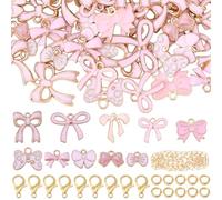 SUNNYCLUE 1 Box Enamel Bow Charms Pink Bowknot Charms Romantic Bow Tie Charm With 50Pcs Jump Rings 20Pcs Lobster Claw Clasp 1M Paperclip Chains for Jewellery Making Crafts Bracelet Necklace Earrings