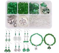 SUNNYCLUE 1 Box Four Leaf Clover Lucky Charms Dangle Earrings St Patricks Day Rugby Green Shamrock Jewellery Making Kit Supplies for Women - DIY Make 6 Pairs Earrings & 2 Strands Bracelets