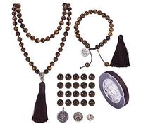 SUNNYCLUE 1 Set 108 Tiger Eye Gemstone Mala Beads/Buddha Beaded Necklace Jewelry Making Kit - DIY Make 1 Hand Knotted Prayer Tassel Pendant Necklace and 1 Adjustable Mala Wrap Beaded Bracelet