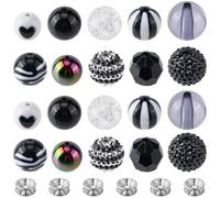 SUNNYCLUE 10 Styles 60Pcs 20mm Black Beads Bubblegum Beads Kit Chunky Large Focal Rhinestone Cute Acrylic Rhinestone Bubble Candy Fancy Spacer for Beadable Pen Crafts Keychains Bag Charms DIY Supplies