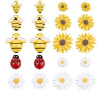 SUNNYCLUE 100Pcs 10 Styles Bee Flatback Charms Flower Cabochons Flat Back Honeybee Daisy Sunflower Ladybug Bubble Bees Embellishments for Scrapbooking Phone Case Decor Jewellery Making Hair Clips