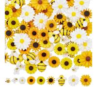 SUNNYCLUE 100Pcs 9 Styles Bee Resin Charms Daisy Flatback Charms Cute Cartoon Bubble Bees Sunflower Flower Flat Back Cabochons for Crafts Scrapbooking Phone Case Boxes Decor Jewellery Making Hair Clip