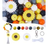 SUNNYCLUE 100Pcs Thanksgiving Silicone Beads Keychain Making Kit Flower Silicone Focal Beads Sunflower Printed Round 15mm Soft Rubber Key Ring Lobster Clasps for Keychain Lanyards