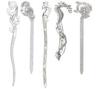 SUNNYCLUE 10Pcs 5 Styles Alloy Bookmarks Silver Metal Bookmark Animal Vintage Chinese Style Hairpin Stripe Bookmarkers Fox Peacock Hook Tibetan Book Markers for Reading Teachers Students Friends Gifts