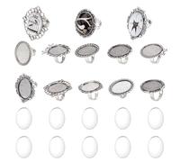 SUNNYCLUE 10Pcs Glass Cabochon Rings Bezel Blank Rings Oval Cabochon Rings Flower Bird Retro Ring Components Glass Cabochons Tibet Style Finger Ring Blanks for jewellery Making Kits DIY Craft Supplies