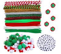 SUNNYCLUE 120Pcs Christmas Pipe Cleaner Pipe Cleaners 140Pcs White Red Green Pom Pom Balls 100Pcs Googly Eyes Xmas Ornament for DIY Art Craft Sewing Projects Accessories Party Decoration Supplies