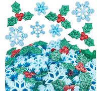 SUNNYCLUE 160Pcs Snowflake Cabochon Bulk Holly Leaves Christmas Blue Winter Xmas Leaf Berry Glitter Mini Decoration Cloth Cabochons for Scrapbooking Ornaments Card DIY Crafts Art Jewellery Accessories