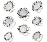 SUNNYCLUE 16Pcs 8 Style Adjustable Ring Base Blank Silver Bezel Ring Blanks Antique Flower Oval Sun Trays Settings Vintage Alloy Finger Rings Components Findings for jewellery Making DIY Crafts