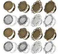 SUNNYCLUE 16Pcs 8 Styles Oval Cabochon Ring Blanks Ring Bases Bezel Adjustable Blank Rings Antique Silver Bronze Flower Tray Vintage Alloy Finger Rings Components for jewellery Making DIY Craft