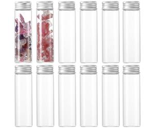 SUNNYCLUE 16Pcs Tiny Glass Storage Jars 50ml Flat Bottomed Test Tube with Aluminum Screw Caps Clear Glass Vial Mini Glass Jars Transparent Glass Test Tubes for Liquid DIY Crafts Party Favors Beads