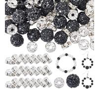 SUNNYCLUE 180Pcs 10mm Black Rhinestone Beads 8mm Rondelle Spacer Bead Bulk Polymer Clay Glass Silver Brass Pave Disco Ball Loose Beads for Jewellery Making Bracelets Necklace DIY Crafts Accessories