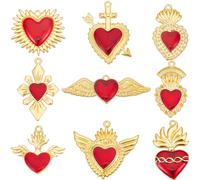SUNNYCLUE 18Pcs 9 Styles Valentines Day Gold Heart Charms Bulk Sacred Heart Charms Alloy Enamel Red Mexico Western Gothic Hearts with Wings Charm for jewellery Making Craft Necklace Bracelet Women