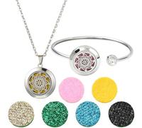 SUNNYCLUE 1Pc Essential Oil Diffuser Bracelet 1Pc Essential Oil Necklace With 10Pcs Refill Pads Flower Stainless Steel Necklaces Adjustable Cuff Bangles Aromatherapy Locket Bracelets for Women Gifts