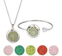 SUNNYCLUE 1Pc Essential Oil Necklace 1Pc Essential Oil Diffuser Bracelet With 10Pcs Refill Pads Flower Stainless Steel Aromatherapy Locket Pendant Bracelets Necklaces Diffuser Jewellery for Women Gift
