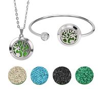 SUNNYCLUE 1Pc Essential Oil Necklace and Bracelet 1Pc Oil Diffuser Jewellery Set Total 10Pcs Refill Pads Tree of Life Stainless Steel Bangle Aromatherapy Locket Pendant Bracelets for Women Gifts Yoga
