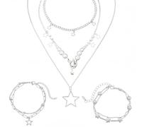 SUNNYCLUE 2 Sets Layered Jewellery Set Aesthetic Bracelets Silver Star Choker Fashion Vintage Multi Strand Bracelet Chain Cute Kawaii Adjustable Trendy Layered Necklaces for Women Adults Gift Holiday
