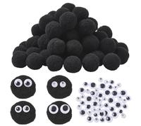 SUNNYCLUE 200pcs Halloween 25mm 1 Inch Pom Pom Balls Black Pompom Balls Polyester Large Fuzzy Puff Round Large Soft Pompoms Decors with Wiggle Eyes for Women Christmas Costume Home Party Decorations
