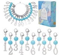 SUNNYCLUE 20Pcs Crochet Marker Charms Number Stitch Markers Stainless Steel 0~9 Numbers Charms Synthetic Turquoise Beaded Locking Knit Markers for Crocheting Knitting Quilting Sewing Jewelry Making