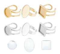 SUNNYCLUE 24pc DIY 12 Set Finger Ring Blanks & Bezel Trays - Adjustable Stainless Steel Ring Base - Round & Square Glass Cabochons for Jewellery Making Kit