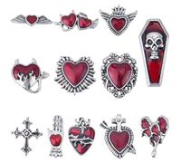 SUNNYCLUE 24Pcs 12 Styles Halloween Nails Charms Gothic Nail Charm Bulk Silver Alloy Red Enamel Gem Holiday 3D Hearts Cross Skull Tombstone Cabochons for Art Manicures DIY Crafting Jewellery Supplies