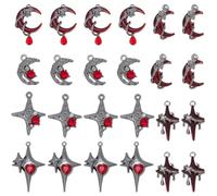 SUNNYCLUE 24pcs 6 styles Halloween Star And Moon Charms Gothic Moon Charm | Small Alloy Metal Vintage Punk Red Silver Celestial North Stars Pendants for Jewellery Making Women Holiday Bracelets
