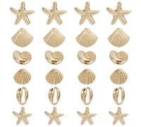 SUNNYCLUE 24Pcs 6 Styles Real 14K Gold Plated Starfish Beads Ocean Theme Bead Alloy Summer Small Cowrie Scallop Shell Sea Animal Beach Spacer Loose Beads for Jewellery Making Necklace Bracelet DIY