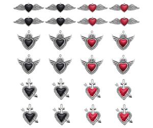 SUNNYCLUE 24Pcs Gothic Heart Charms Silver Enamel Hearts Charms Bulk Gothic Vintage Love Red Style Sacred Heart Mexican Halloween Charm Bulk for jewellery Making Charms Valentine's Day Earring DIY Cra