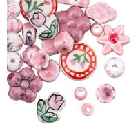 SUNNYCLUE 30Pcs 15 Styles Pink Ceramic Flower Beads Porcelain Craft Beads Aesthetic Spring Floral Round Ball Butterfly Small Smooth Loose Spacers for Jewellery Making Bracelets Necklaces DIY Crafting