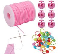 SUNNYCLUE 30Pcs Knitting Stitch Marker 50M/54.68 Yards Hollow Pipe Rubber String 6Pcs Plastic Cord Locks Pink Crochet Locking Stitch Markers Holder Cord Lock Kit for Knitting Craft DIY Projects