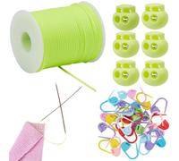 SUNNYCLUE 30Pcs Locking Stitch Marker 50M/54.68 Yards Round Rubber Cords 6Pcs Plastic Double Hole Knitting Needle Stoppers Green Yellow Stitch Markers Cord Lock Kit for Knitting Craft DIY Projects