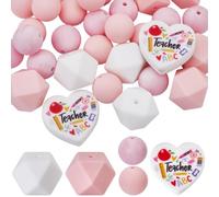 SUNNYCLUE 32Pcs 5 Styles Nurse Focal Beads Heart Silicone Bead Bulk Pink White Soft Rubber Round Hearts Hexagon Loose Spacer Pen Beads for Nurse Day Jewellery Making Bracelet Keychain DIY Supplies
