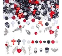 SUNNYCLUE 340Pcs Skull Beads Gothic Beads Bulk Halloween Black Red White Rose Flowers Acrylic Glass Black Stone Natural Lava Rock Spacers for Jewellery Making Supplies DIY Crafts Gift Holiday Supplies