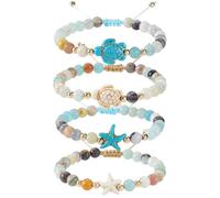 SUNNYCLUE 4 Styles Sea Turtle Bracelet for Women Men Ocean Bracelets Set Bohemian Braid Adjustable Starfish Natural Flower Amazonite Beads Synthetic Turquoise Stone Anklet Summer Hawaii Jewellery