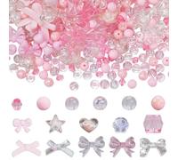 SUNNYCLUE 400Pcs 16 Styles Pink Assorted Shape Beads Acrylic Bows Beads Pastel Plastic Transparent Bowknot Star Heart Round Focal Loose Spacers for Jewellery Making Supplies DIY Craftings Bracelets