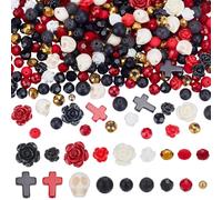 SUNNYCLUE 412Pcs Gothic Skull Beads Black And Red Beads Cross Skeleton Charms Natural Lava Rock Synthetic Turquoise Black Stone Halloween Rose Flower Spacers for Jewellery Making DIY Crafts Gift
