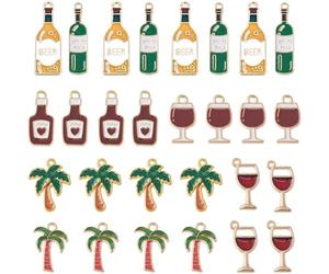 SUNNYCLUE 42Pcs 7 Styles Wine Bottle Charms Bulk Palm Tree Charm Coconut Tree Enamel Tropical Hawaii Style Palm Cute Alloy Enamel Red Wine Bottle Charms for jewellery Making Crafting
