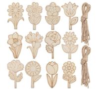 SUNNYCLUE 48Pcs 12 Styles Unfinished Wood Flowers Wooden Flower Cutouts Spring Summer Daisy Tulip Sunflower Narcissus Rose Blank Slices Pendants with Jute Cord for DIY Arts Crafts Home Decor