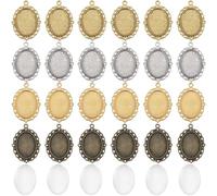 SUNNYCLUE 48Pcs DIY 24Sets Cabochon Bezel Trays Pendant Bezel Blanks Vintage Style Oval Cabochon Bezel Settings Photo Charms Pendant Tray Glass Cabochons for Jewellery Making Charms Grad Cap Tassels