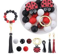 SUNNYCLUE 48Pcs Ladybug Silicone Beads Keychain Making Kit Ladybird Silicone Focal Beads Insect 15mm Round Black Red Beads Bulk PU Leather Tassels Key Chain Split Rings for Key Chains Making Supplies