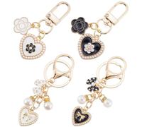 SUNNYCLUE 4Pcs Heart Bag Charms Flower Keychain Black White Bow Key Chain Set Cute Enamel Heart Bowknot Keychain Handbag Charms for Purses Bags Backpacks Women Car Keys Accessories Decoration