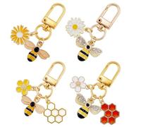 SUNNYCLUE 4Pcs Honey Bee Bag Charm Cute Flower Key Chains Pack Gold Alloy Enamel Small Daisy Flower Animal Spring Swivel Clasp Holder Charms for Handbags Backpacks Keyring Wedding Supplies Decors