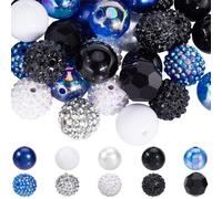 SUNNYCLUE 50Pcs 10 Styles Blue Black Silver Beads 20mm Bead Bulk Resin Rhinestone ABS Plastic Acrylic Round Pave Diamond Spacer Loose Pen Beads Kit for Keychain Bracelet Jewellery Making DIY Crafts