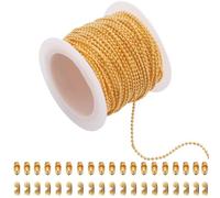 SUNNYCLUE 50Pcs 33 Feet/10m 1.5mm Dog Tag Chains Gold Ball Bead Chain Bulk Roll Metal Brass Golden Pull Extension Key Matching Connectors with Ball Clasps Beaded Chains for jewellery Making DIY Crafts