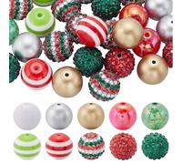 SUNNYCLUE 50Pcs 9 Styles Christmas Rhinestone Beads Red Green Loose Bead Bulk Assorted 20mm Silver Golden Acrylic Xmas Holiday Colorful Round Spacer Pen Beads for Bracelet jewellery Making DIY Crafts