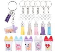 SUNNYCLUE 50Pcs DIY 10Sets Milk Tea Charms Faux Suede Tassels Large Boba Tea Cat Charm Keychain Making Kit Resin Bubble Tea Key Chain Split Rings for Keychains Making Supplies Bag Purse Decoration
