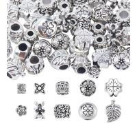 SUNNYCLUE 60Pcs 10 Styles Silver Flower Spacer Beads Tibetan Beads Bulk Antique Silver Tiny Mixed Flower Large Hole European Space Bead for jewellery Making Diy Crafting Necklace Bracelet Women Beginn