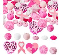 SUNNYCLUE 62Pcs 11 Styles Pink Ribbon Silicone Beads Breast Cancer Bead Bulk Soft Rubber Round Rose Flower Heart Hexagon Abacus Loose Spacer Pen Beads for Jewellery Making Bracelet Keychain DIY Crafts