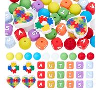 SUNNYCLUE 64Pcs 12 Styles Autism Silicone Beads Awareness Focal Bead Bulk Soft Rubber Round Hearts Puzzles Cube Letter Loose Spacer Pen Beads for Jewellery Making Necklace Bracelet Keychain DIY Crafts