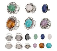 SUNNYCLUE 6Pcs 6 Styles Adjustable Blank Flower Cabochon Ring Connector Cabochon Bezel Settings with 6pcs Round Oval 18mm/28mm Gemstone for DIY Ring Making