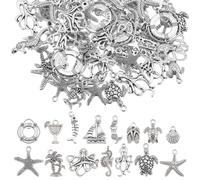 SUNNYCLUE 90PCS 15 STYLES Silver Ocean Charms Bulk Sea Life Charm Metal Alloy Summer Marine Hawaii Holiday Turtle Shell Animal Charms for Jewelry Making Charms Diy Earrings Bracelet Necklace Craft